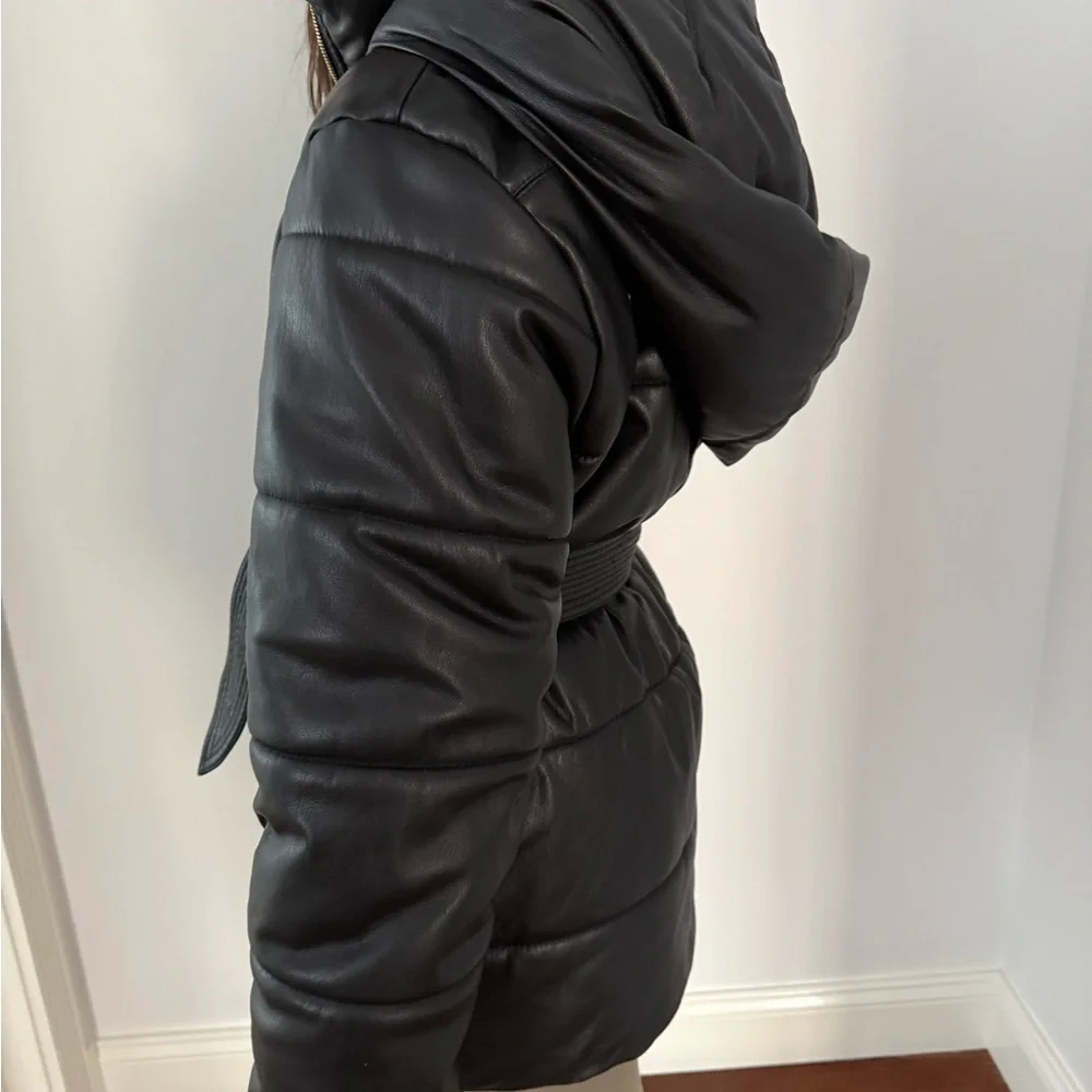 Nanushka Black Belted Vegan Leather Puffer Jacket - Picture 4 of 6